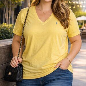 RALPH LAUREN Sport Women's Short Sleeve V-Neck T-shirt Blue Logo Size Large